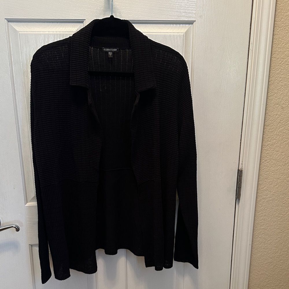 Eileen Fisher Black Knit Open Front Cardigan 100% Cotton Italian Yarn Size L